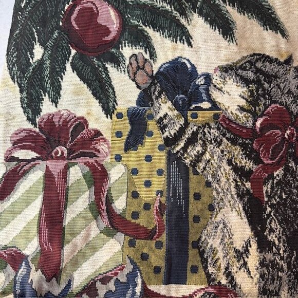 Vintage Tapestry Cat Christmas Tote Bag With Green Back & Handles - Picture 3 of 10